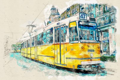 Tramway urbain - Aquarelle - Lembayung senja studio [Vintage Poster]