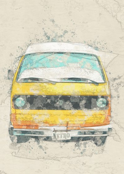 Camionnette de camping-car rétro jaune - Lembayung senja studio [Vintage Poster]