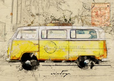 Croquis de voyage en fourgonnette jaune - Lembayung senja studio [Vintage Poster]