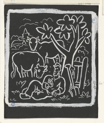 Paysans se reposant sous un arbre dans un pré avec des vaches - Leo Gestel (signed by artist)