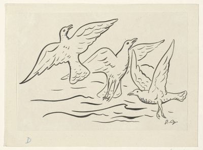 Trois oiseaux dans les airs au-dessus de la mer - Leo Gestel (signed by artist)