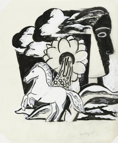 Cheval cabré, fleur et tête (esquisse) - Leo Gestel (signed by artist)