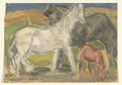 Deux chevaux et un poulain dans un paysage - Leo Gestel (signed by artist)