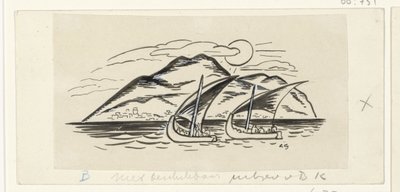 Deux voiliers devant une île avec des montagnes - Leo Gestel (signed by artist)