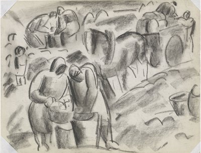 Récolteurs de pommes de terre dans le champ avec cheval et chariot - Leo Gestel