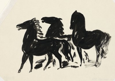 Trois chevaux noirs regardant vers la gauche - Leo Gestel