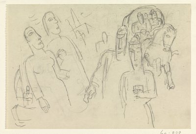 Gens dans la rue et un cheval avec une charrette - Leo Gestel