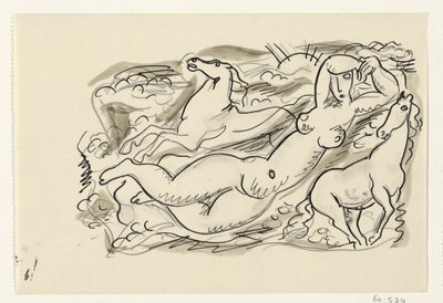Femme nue et deux chevaux dans la mer - Leo Gestel