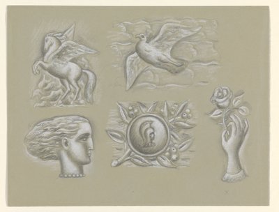 Pégase, colombe, tête de femme, arme et main avec rose - Leo Gestel