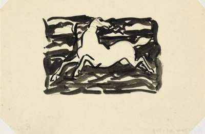 Cheval sautant avec la tête tournée en arrière dans un cadre avec des vagues en arrière-plan - Leo Gestel
