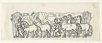 Deux paysans conduisant leurs chevaux à travers un village - Leo Gestel
