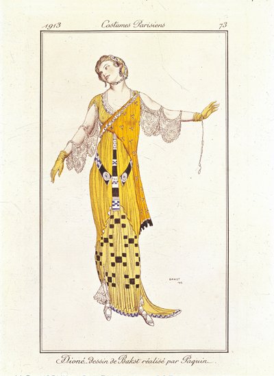 Dioné, dessin par Bakst réalisé par Jeanne Paquin. Costumes Parisiens no.73 - Leon Bakst