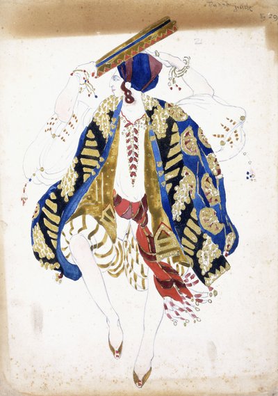Costume pour un danseur dans "Danse Juive", portant des knickerbockers et un turban, jouant du tambourin - Leon Bakst