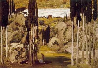 Décor par Léon Bakst, peintre et décorateur russe, basé sur une aquarelle originale, pour le ballet "Daphnis et Chloé" de Maurice Ravel - Leon Bakst