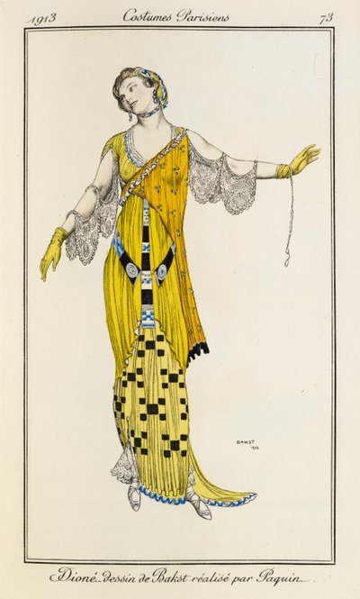 Dioné, dessin de Bakst réalisé par Jeanne Paquin. Costumes Parisiens no.73 - Leon Bakst
