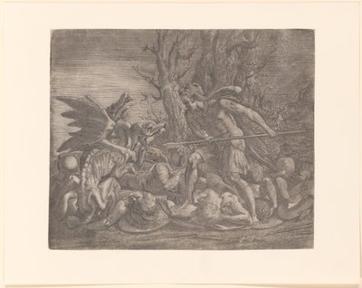 Jeune homme avec peau de lion sur la tête, peut-être Cadmus, combattant un dragon - Leon Davent
