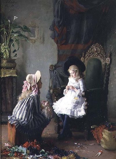 Deux filles habillant une poupée - Leon Delachaux