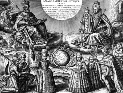Famille royale française en 1607 (propagande) : le roi Henri IV de France et sa femme la reine Marie de Médicis tenant leur fille Christine ; en bas : leurs autres enfants : le futur Louis XIII, Élisabeth et Henriette-Marie. À droite : le roi suivi de son  - Leonard Gaultier