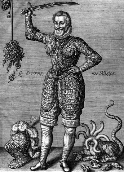 Henri IV (1553-1610) roi de France de 1589 à 1610, ici portant une armure, tenant une épée, en tant que redresseur de torts, gravure de Léonard Gaultier - Leonard Gaultier