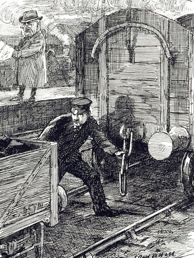Un dessin commentant les accidents des travailleurs ferroviaires. Illustré par Leonard Raven-Hill (1867-1942) un artiste, illustrateur et caricaturiste anglais, 20e siècle - Leonard Raven Hill