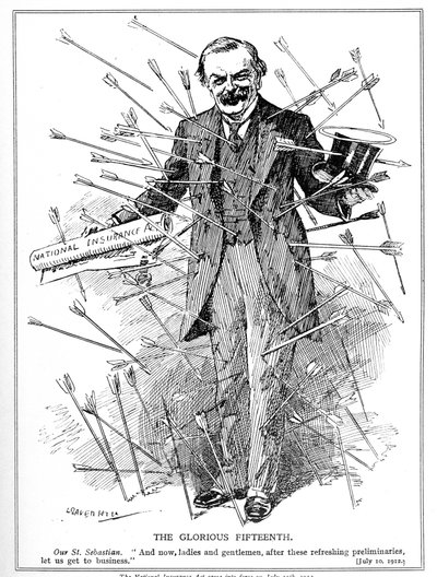 Lloyd George, représenté comme le martyr, Saint Sébastien, attaqué pour sa loi sur l