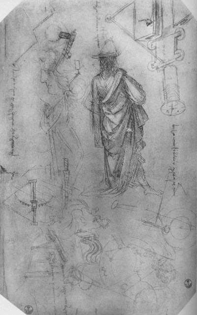 Une figure drapée, études de machinerie, etc. - Leonardo da Vinci
