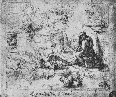 Allégorie : Animaux se battant et un homme avec une loupe, vers 1480 - Leonardo da Vinci