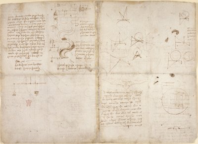 Arundel 263, f.135v, f.134, Notes et diagrammes sur la mécanique; notes et croquis schématiques sur les cours d