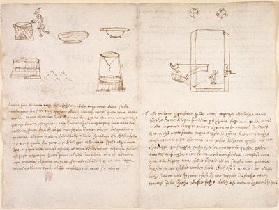 Arundel 263, f.259v, f.260 Notes et croquis grossiers sur le processus de production du salpêtre pour préparer la poudre à canon (pas de la main de Léonard) - Leonardo da Vinci