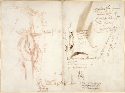 Arundel 263, f.275v, f.274 Croquis planimétrique de la rivière Arno; notes sur les distances et les directions - Leonardo da Vinci