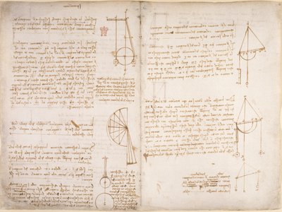 Arundel 263, f.67v, f.66 Notes et diagrammes sur la mécanique, du 