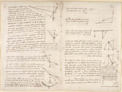 Arundel 263, f.7v, f.8 Notes et diagrammes sur la mécanique - Leonardo da Vinci