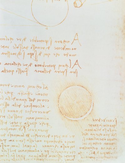 Détail de fol. 2r, du Codex Leicester, montrant la luminosité extérieure de la lune - Leonardo da Vinci