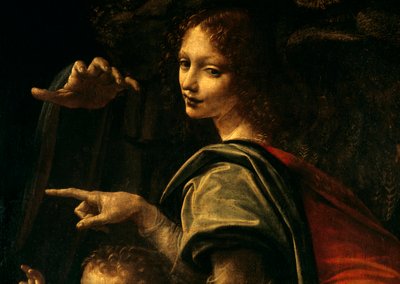 Détail de la Vierge aux rochers, Saint Jean-Baptiste pointant du doigt et main de la Vierge Marie - Leonardo da Vinci