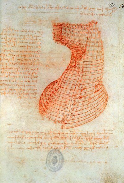 Dessin du moule de coulée en fer pour la tête du cheval Sforza, Fol. 57 (recto), du Codex Madrid I, c.1491-93 - Leonardo da Vinci