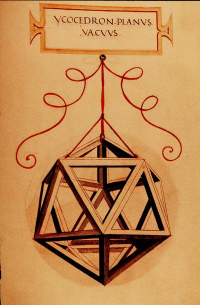 Géométrie : Un icosaèdre. Page tirée du manuscrit « De divina proportione » (Sur les proportions divines) par le mathématicien Fra Luca Pacioli dit Luca di Borgo (1445-1517) illustré par Léonard de Vinci (1452-1519). 1509. - Leonardo da Vinci