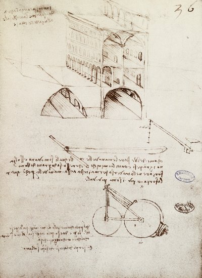 Manuscrit B, f 36 r Études architecturales, développement et sections de bâtiments dans une ville avec des rues surélevées - Leonardo da Vinci