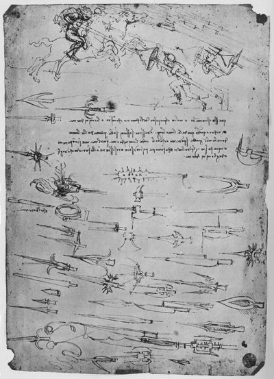 Études de fantassins attaquant des cavaliers avec des lances et des boucliers - Leonardo da Vinci