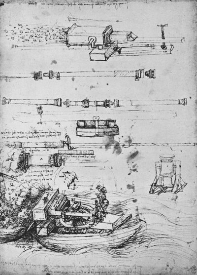 Études de mortiers, un tirant depuis un bateau, et de canon, vers 1480 1945 - Leonardo da Vinci