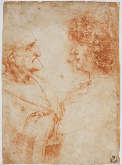 Deux profils masculins, un vieil homme et un jeune homme - Le jeune homme représente Gian Giacomo Caprotti dit Andrea Salai ou Salaij (vers 1480-1524), élève et amant de Léonard - Dessin à la sanguine par Léonard de Vinci (1452-1519) - Florence - Leonardo da Vinci