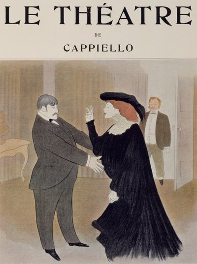 Acteurs Lucien Quitry et Jane Harding dans une scène de La Chatelaine, jouée au Théâtre de la Renaissance à Paris, dessin de Leonetto Cappiello, page de titre du journal Théâtre, avril 1903 - Leonetto Cappiello