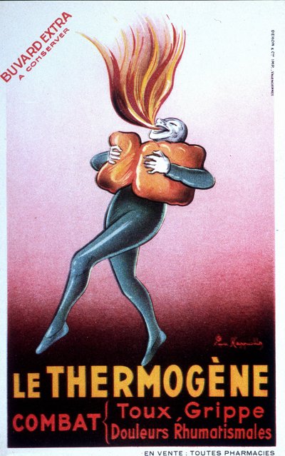 Publicité pour le rembourrage thermogène guérissant les rhumes, douleurs intercostales, rhumatismes, toux, névralgies et lumbagos. Bouvard français. début du 20e siècle - Leonetto Cappiello
