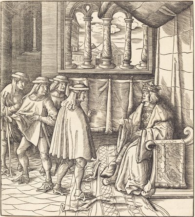 Un roi sur un trône, devant lui quatre hommes - Leonhard Beck