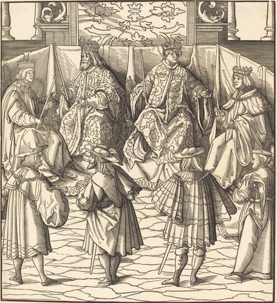 Assemblée de quatre rois, au premier plan quatre hommes - Leonhard Beck