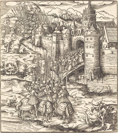 Divers hommes agenouillés sur un pont devant une ville - Leonhard Beck