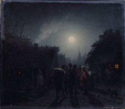 Devant une taverne. Scène de nuit, années 1860-1870 - Leonid Ivanovich Solomatkin