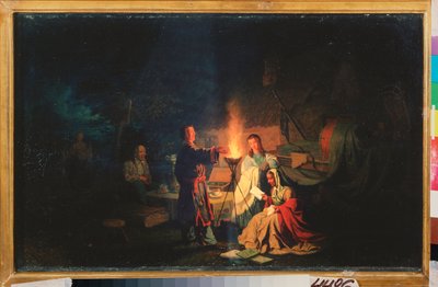 Comédiens au repos. (Les comédiens répètent leur texte, à la nuit tombée, autour d