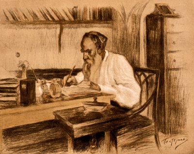 Le comte Lev Tolstoï dans son bureau. 1908 (lithographie) - Leonid Osipovic Pasternak