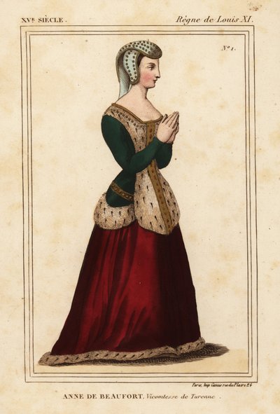 Anne Rogier de Beaufort, Vicomtesse de Turenne 1435-1479. Lithographie coloriée à la main d