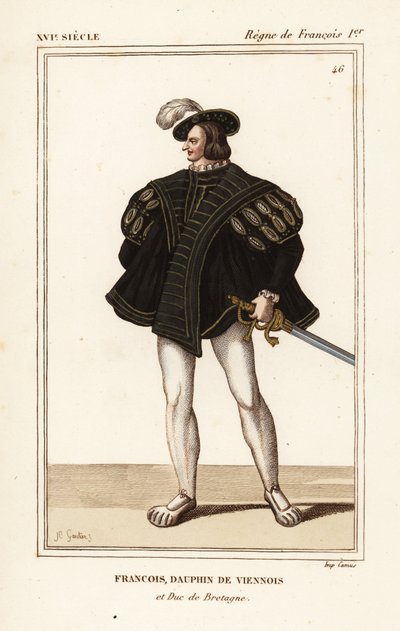 François III, duc de Bretagne 1518-1536. François, dauphin de Vienne et duc de Bretagne. Lithographie en couleur par J.B. Gautier d